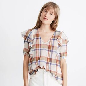 NEW! Madewell V-Neck Shoulder-Ruffle Top Plaid Womens Lightweight Blouse Size XL